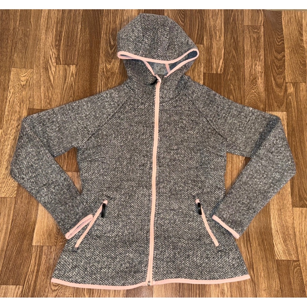 Columbia Youth Girls Hooded Fleece Jacket‎ Pink Trim Size L Gray Zip Up
